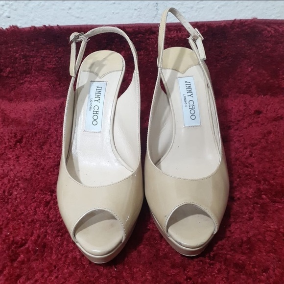 Shoes - Jimmy Choo Ayan Patent Leather Nude Sling Back Open Toe Pumps size : 8
